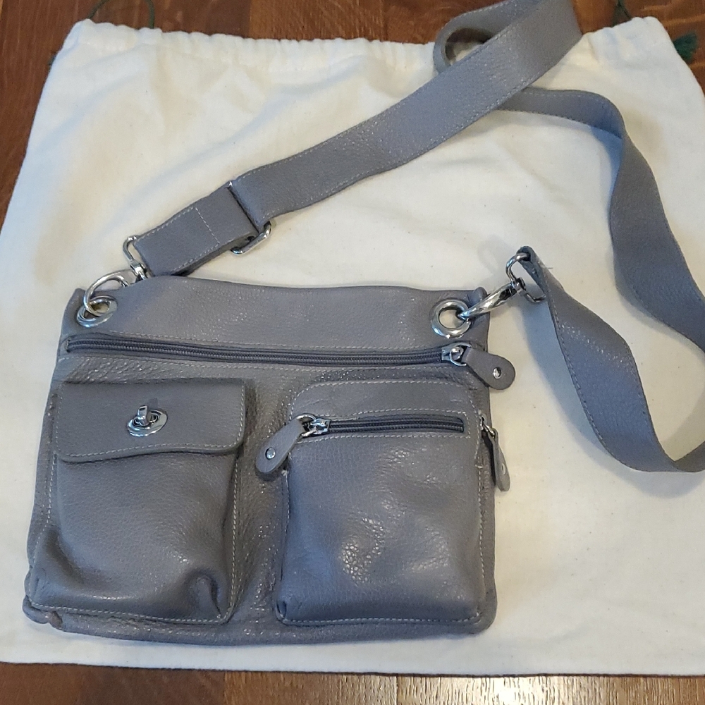 Roots Gray/Silver Leather Village Tribe Crossbody